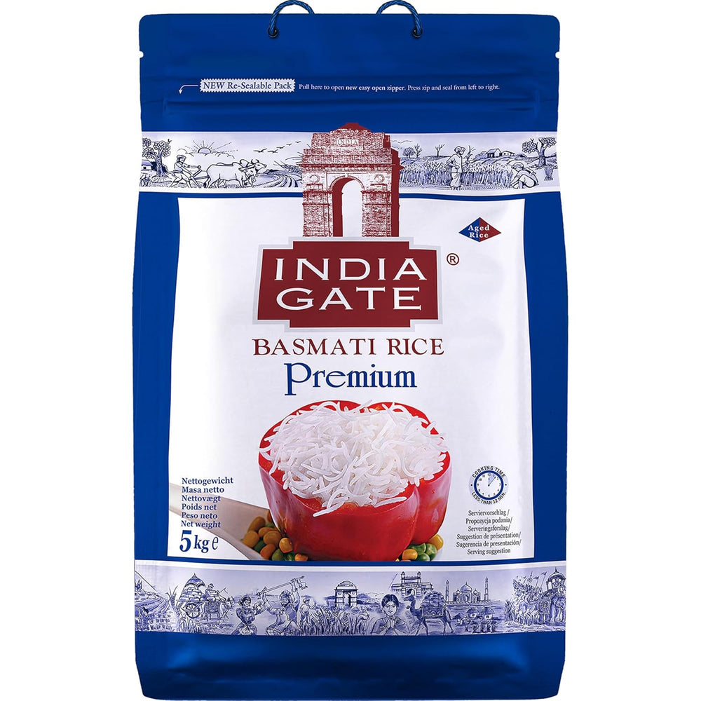 INDIA GATE Riso Basmati Premium – Riso fine a grana lunga, aromatico proveniente dall'India, a grana lunga fine (1 x 5 kg)