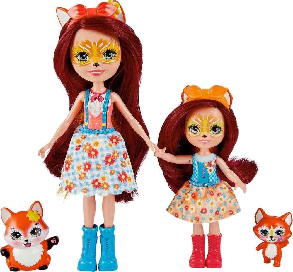 Enchantimals HCF81 - Felicity Fox și sora ei mai mică (aprox. 15 cm și aprox. 10 cm) și 2 figurine animale, fustă detașabilă și accesorii, cadou excelent pentru copiii cu vârsta de 3 ani și peste