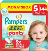 Pantaloni Pampers Premium Protection taglia 5, 144 pannolini, 11kg - 17kg, con regolazione a 360° e morbidi polsini antigoccia per comfort e protezione ottimali
