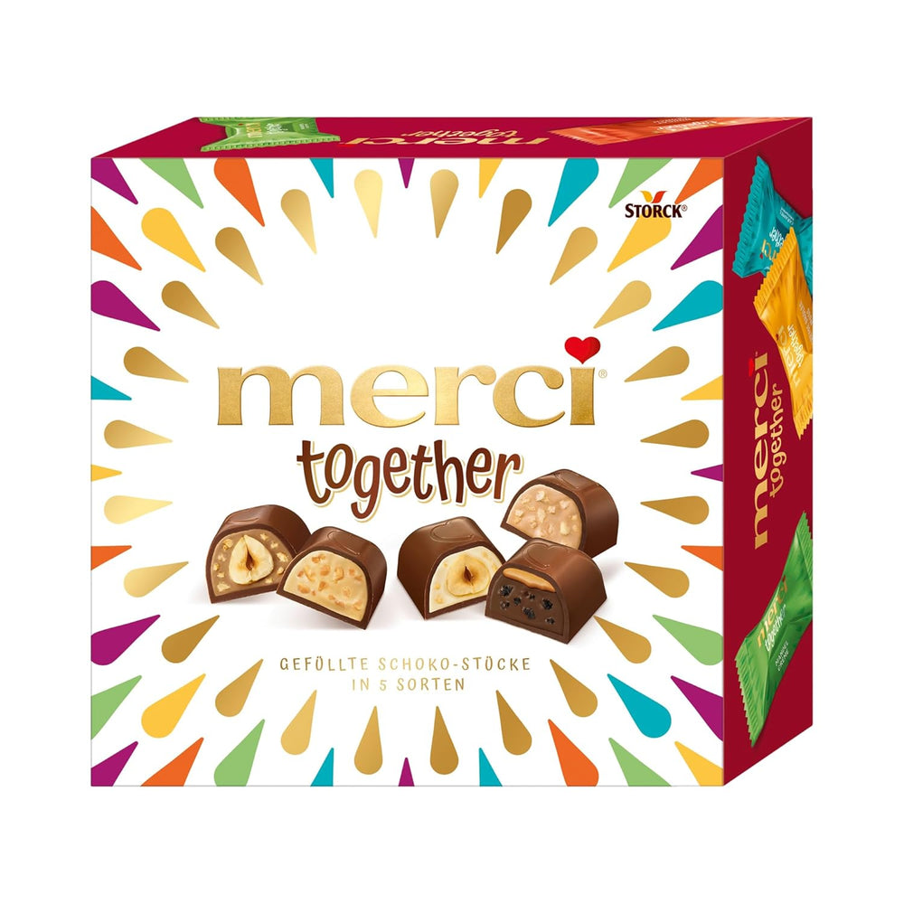 Merci Together - 1 x 175g - Cioccolatini ripieni in cinque varietà con finissimo cioccolato al latte - Praline di cioccolato da condividere e regalare
