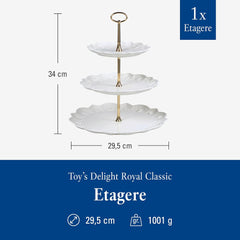 Etajeră Villeroy & Boch Toys Delight Royal Classic, suport decorativ pe niveluri pentru fursecuri, produse de patiserie și bucăți mici de prăjitură, din porțelan premium, alb