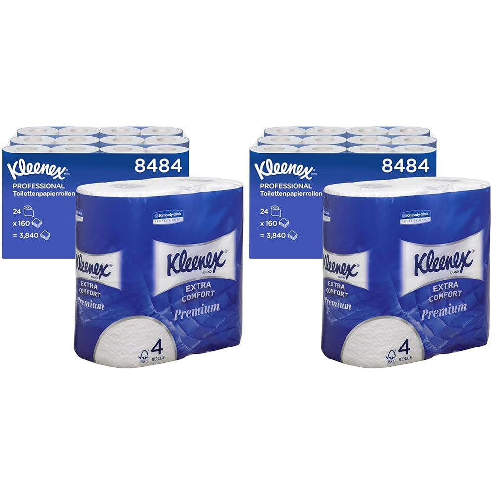 Kleenex Premium Role de hârtie igienică 8484, hârtie igienică 24 de role X 160 de foi umflate, hârtie igienică 4 straturi, 100% fibră pură, de înaltă calitate, rezistentă la rupere și moale (pachet cu 2)