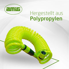 Amig - Furtun spiralat | Fabricat din polipropilenă | Extensibil până la 7,5 m | Include lance de irigare, adaptor și 2 îmbinări | Verde fistic