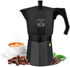 Cafetieră italiană Cecotec Cumbia Mokclassic 600 Neagră, 300 ml, fabricată din aluminiu cu o capacitate de 6 cești de cafea, potrivită pentru toate tipurile de plite și ușor de curățat.