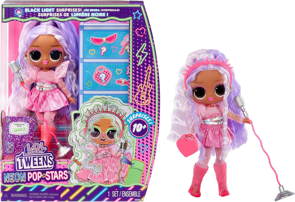 LOL. Sorpresa! Tweens Neon Pop Stars - Kitty K - 1 bambola alla moda con sorprese retroilluminate e 10+ abiti e accessori Pop Star, inclusi micro-band retrò, regalo per bambini 4+ Naty Shop Kitty K Dolls