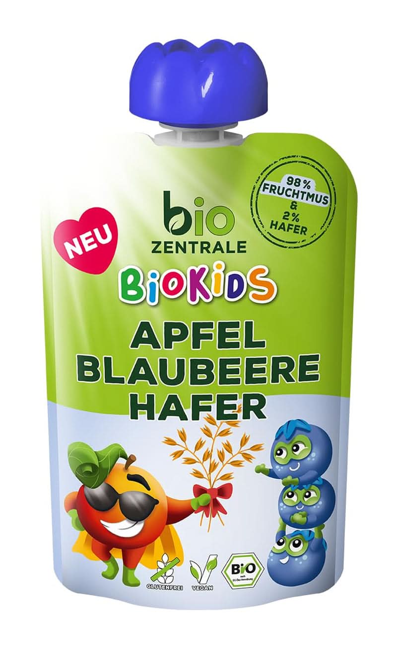 Biozentrale Biokids Purea di frutta mele mirtilli avena | 12X90G | Snack vegano di avena e frutta | Senza zuccheri semolati aggiunti Mamma e Bambino Naty Shop