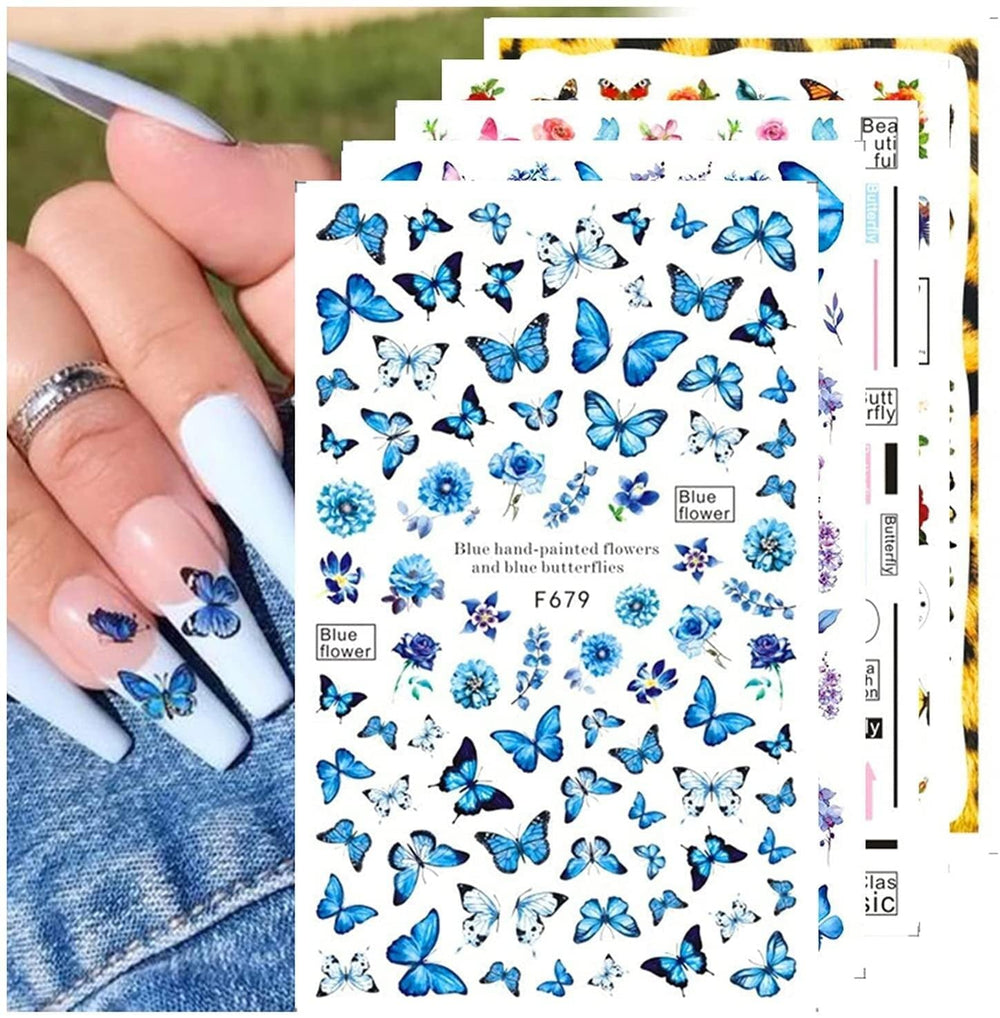 JMEOWIO Nagelsticker Schmetterling 8 Blätter Nagelaufkleber Selbstklebend Blau Schwarz Gold Schmetterling Nail Art Dekoration Nagel Design Zubehör