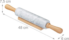 Relaxdays Nudelholz Marmor, Griffe aus Holz, Teigroller zum Kochen & Backen, mit Ablage, 48 cm, schwere Backrolle, bianco