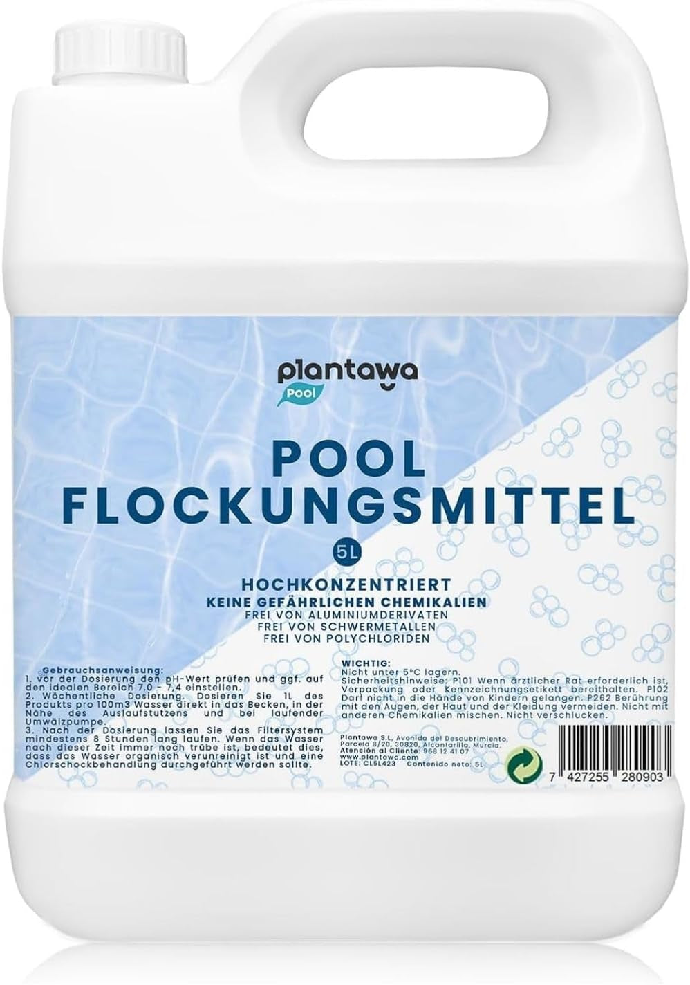 Flocculante per piscina 5L | Flocculante per piscina per acqua cristallina | Molto concentrato ed economico | Adatto a tutti i sistemi di filtrazione | Nessun additivo nocivo