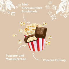 Schogetten Popcorn 1 tavoletta di cioccolato x 100 g, cioccolato al latte con popcorn e pezzi di mais, pratici pezzi singoli. Una prelibatezza. Pezzo per pezzo.
