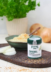 Fuchs Gewürze - Zwiebel getostat - Zwiebeln für Dips, Schmorgerichte oder Hamburger tritato finemente - Ingredienti naturali - 55 g in wiederverwendbarer, recyclebarer Dose