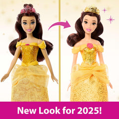 Jucărie Mattel Disney Princess, Păpușă la modă Belle articulată cu haine și accesorii strălucitoare, inspirată din filmul Disney, cadou pentru copii, HLW11