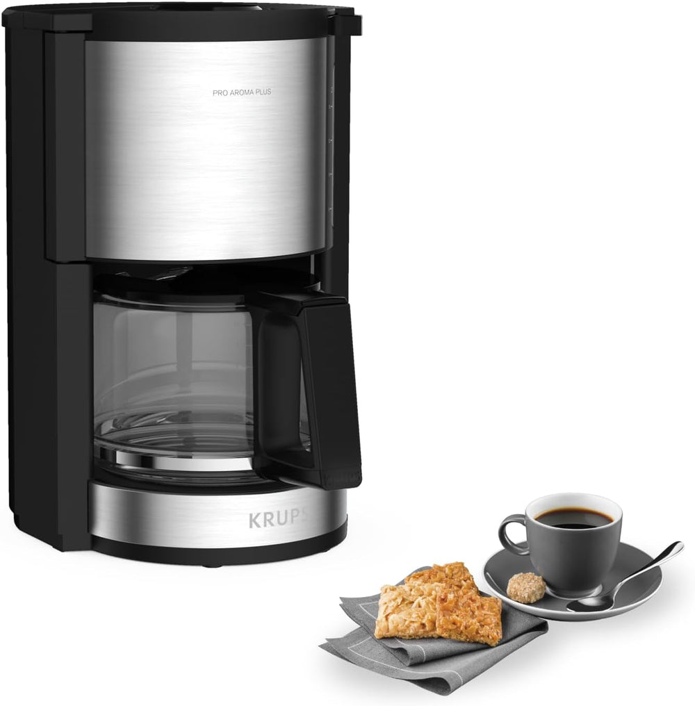 Espressor Krups KM3210 Pro Aroma Plus, 10 cești, 1,25 l, funcție de menținere la cald timp de 30 de minute, fereastră vizibilă pentru nivelul apei, sistem anti-picurare, negru cu aplicații din oțel inoxidabil