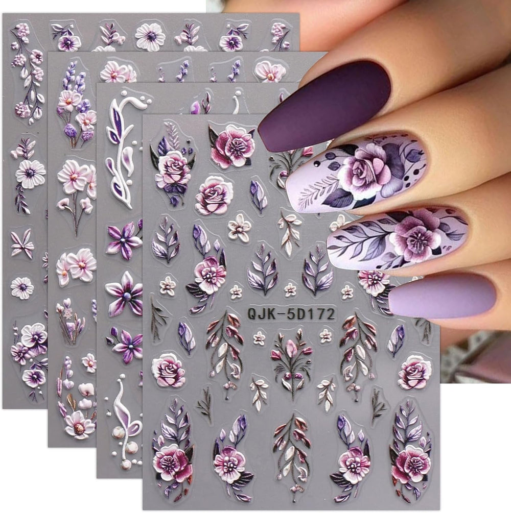 JMEOWIO 3D Nagelsticker Blumen Nail Art Sticker Selbstklebend Nagelaufkleber 5D Stereoskopisch Frühling Sommer Dekoration Nageldesign Zubehör 4 Blatt