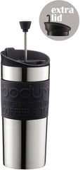 Cafetieră Bodum K11067-01 Travel Press din oțel inoxidabil, neagră, cu capac de schimb, 350 ml