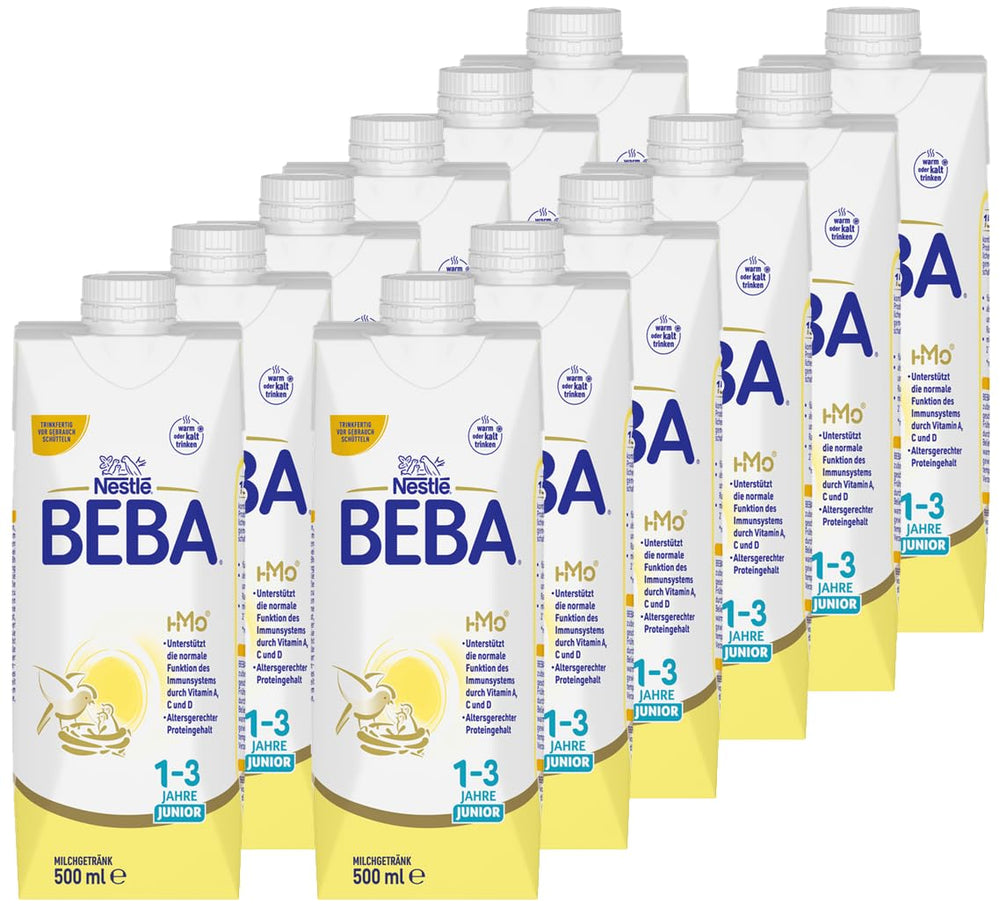 BEBA Junior, bevanda a base di latte pronta da bere per 1-3 anni, con HMO, contenuto proteico adeguato all'età, senza olio di palma, senza olio di pesce, alimenti per bambini, confezione da 12 (12 x 500 ml)