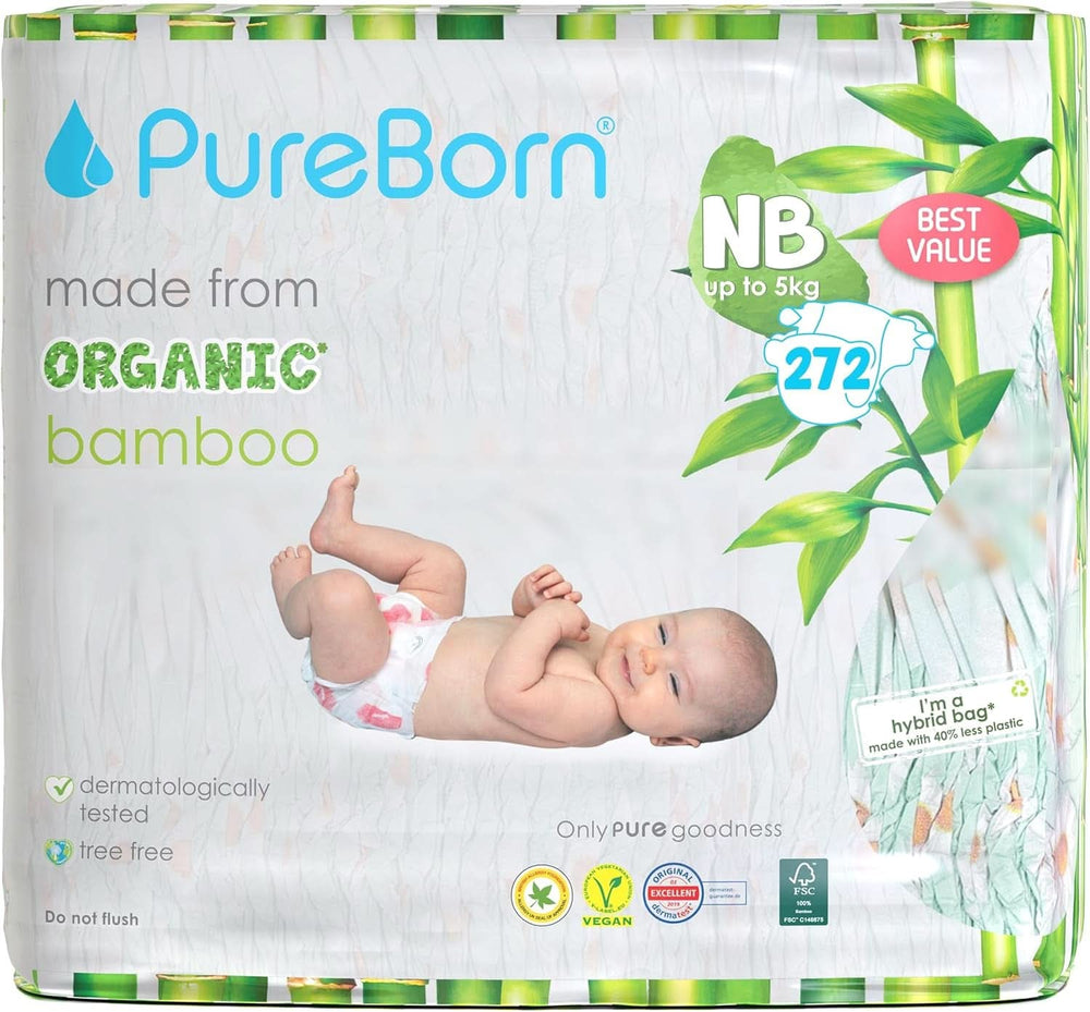 Pannolini Pureborn Eco Organic in Bambù, Taglia Neonato (Fino a 5kg), Ecologici, Ipoallergenici, Ultra Morbidi, Indicatore di Umidità, Stampe Varie Mamma e Bambino Naty Shop Neonato (272 pz)