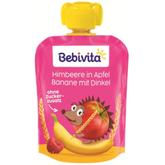 Bustine comprimibili di frutta, lampone, mela, banana e farro - 16 pezzi (confezione da 4, 4 x 90g cadauna), senza zuccheri aggiunti, a base di frutti di bosco e cereali integrali, ideali per spuntini da asporto e autoconsumo