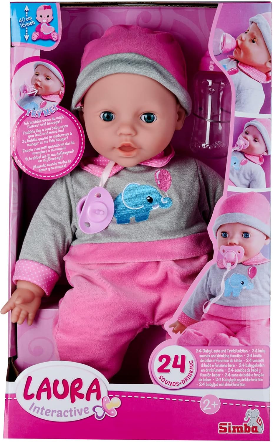 Simba 105140066 - Laura Interactive, păpușă cu corp moale și ochi adormiți, bolborosește când este mișcată, bea dintr-o sticlă și adoarme, 40 cm, păpușă bebeluș pentru copii de la 2 ani