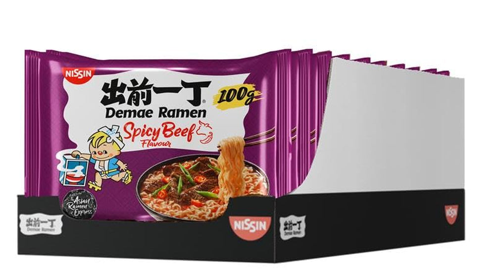 Nissin Demae Ramen - Confezione da 10 spaghetti istantanei in stile giapponese con manzo piccante con sapore di manzo e spezie asiatiche Cibo asiatico facile e veloce da preparare (10 x 100 g)