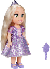 Păpușă Disney Prințesa Rapunzel 35 cm, ochi reflectorizanți cu sclipici, articulații mobile, rochie detașabilă, pantofi, coroană, păr lung și blond, pentru fete cu vârsta de 3 ani și peste