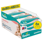 Salviettine umidificate Pampers Sensitive, 6 confezioni da 80 salviette = 480 salviette, senza profumo, per una pulizia delicata e delicata