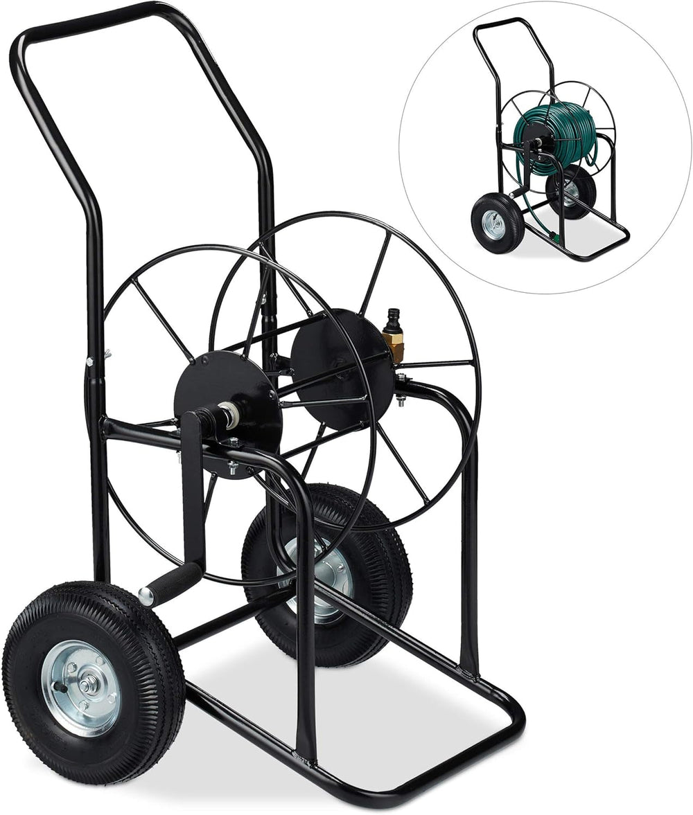 Cărucior furtun Relaxdays, rolă furtun mobilă, racord 1/2" și 3/4", furtun până la 80 m, 2 roți, metal, negru