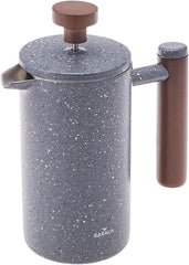 Presă franceză cu pereți dubli din marmură KARACA și mâner din castan – Presă franceză izolată pentru cafea – Aparat de cafea pentru acasă, călătorii și camping – 350 ml – Gri închis
