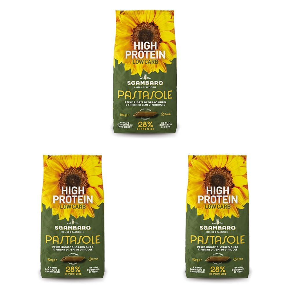 PASTASOLE, Penne Rigate con semola di grano duro 100% italiano e farina di semi di girasole - 500g - Ad alto contenuto di proteine, a basso contenuto di carboidrati, ad alto contenuto di fibre (Confezione da 3)