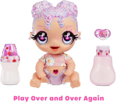 MGA Glitter Babyz - LILA WILDBLOOM - Bambolina con 3 magici cambi di colore attraverso l'acqua ghiacciata - con capelli lilla glitterati, vestito a fiori selvatici, pannolino, biberon e ciuccio - per bambini dai 3 anni