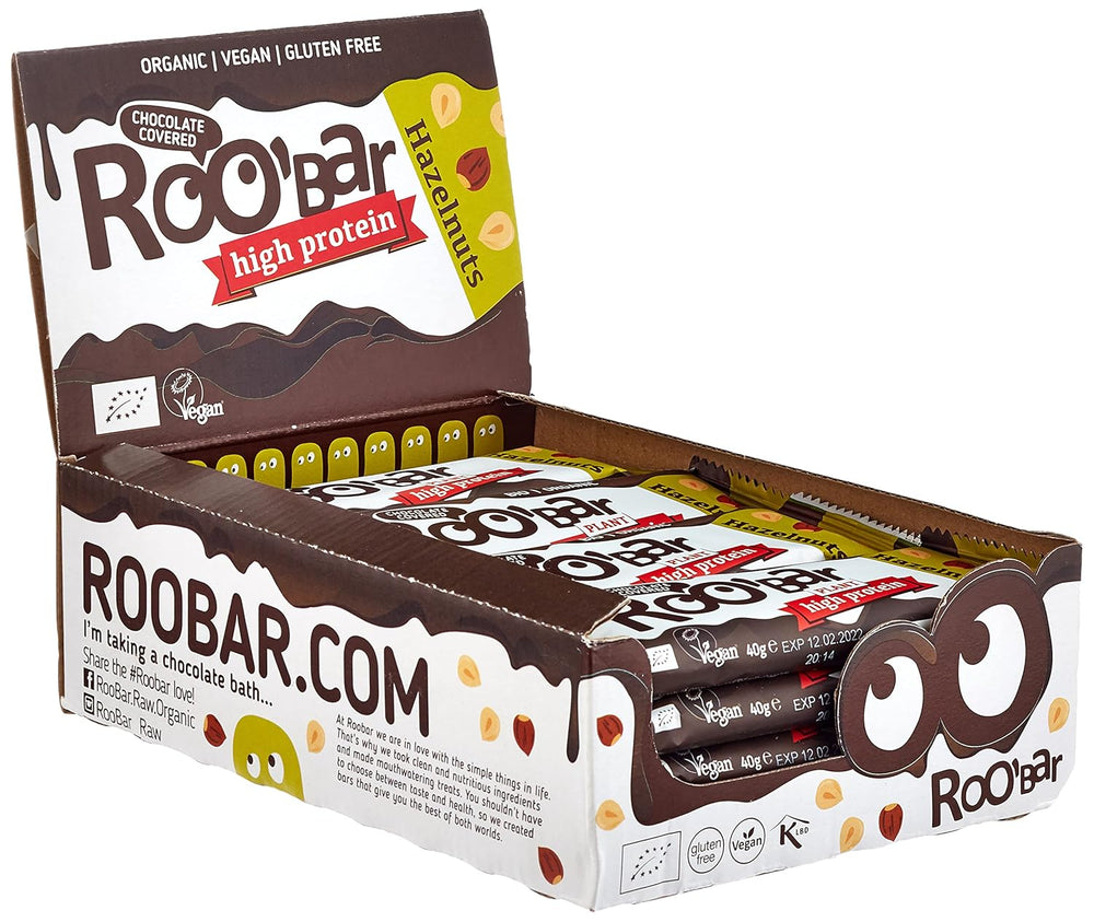Barrette di nocciole glassate al cioccolato ad alto contenuto proteico - 100% biologiche, vegane, barrette di frutta, senza latticini, senza glutine, senza zuccheri raffinati - 16 barrette x 40g
