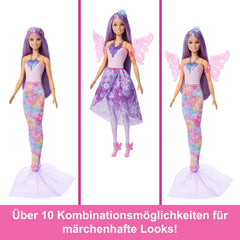 Păpușă Barbie 3 în 1, set de joacă cu 8 accesorii, inclusiv coadă de sirenă, aripi de zână, coliere regale, pantofi și multe altele pentru peste 10 look-uri diferite, JCP74