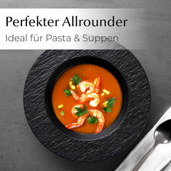 MIAMIO – Set de 4 farfurii pentru paste, 26 cm, farfurii adânci mari pentru supă, veselă ceramică modernă, alb-negru, potrivită pentru cuptorul cu microunde și mașina de spălat vase – Colecția Oasis (Negru)