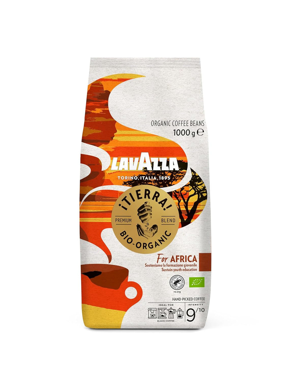 Lavazza, Tierra for Africa, 100% boabe de cafea organică, Ideal pentru espressoare, Aromă puternică și corpolentă, Intensitate 9/10, Arome de nuci, Prăjire medie Cafea Naty Shop 1 Kg Africa