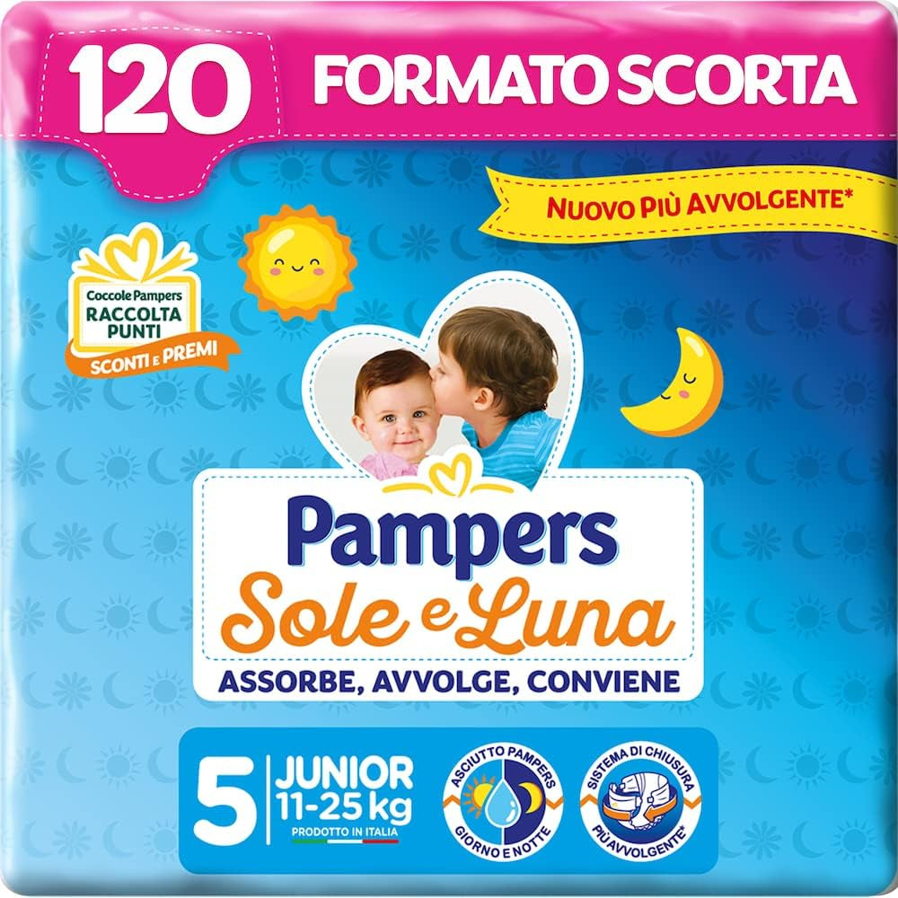 Pannolini Pampers Sun and Moon, unisex, junior, taglia 5 (11-25 kg), 120 pannolini