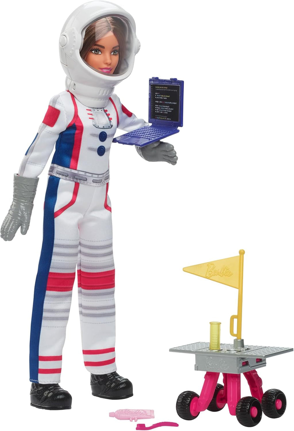 Păpușă Barbie aniversară de 65 de ani și 10 accesorii, set astronaut cu păpușă brunetă, rover cu roți, cască spațială cu vizieră schimbătoare și multe altele, HRG45