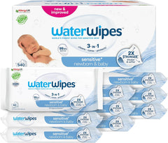 Salviette umidificate WaterWipes Sensitive+ per neonati e bambini, 540 pezzi (9 confezioni), pulizia 3 in 1, cura, protezione, 99,9% acqua, senza profumo