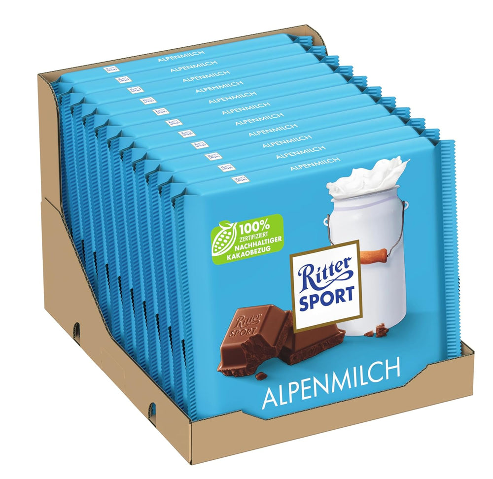 Ritter Sport 250g Cioccolato al latte alpino, Il miglior cioccolato al latte intero dal gusto cremoso, Cioccolato classico da condividere con gli amici, 11 barrette x 250g