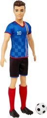 Barbie You Can Be Anything Serie, Ken Fußballspieler Puppe, Ken Puppe mit braunen Haaren, blaues Trikot, Fußball, 1x Ken Fußballspieler Puppe, Geschenk für Kinder, Spielzeug ab 3 Jahre, HCN15