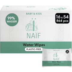 Naïf - Șervețele umede fără plastic - 864 bucăți (16 pachete a câte 54 de șervețele) - Îngrijire pentru fundulețul, corpul și fața bebelușului - 99% apă - 0% parfum și alcool