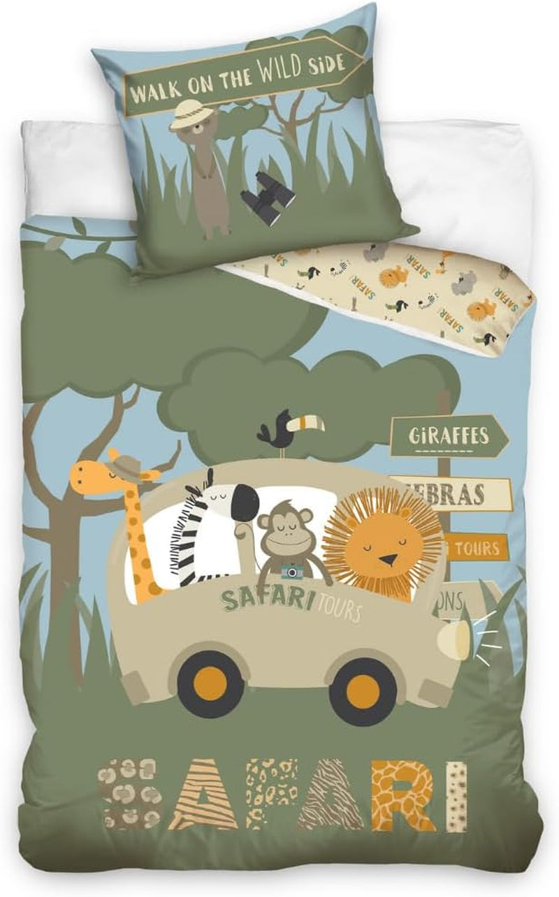 Set de lenjerie de pat pentru copii, animale, 100% bumbac cu fermoar Lenjerie de pat - copii Naty Shop Safari