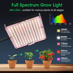 Lampă LED cu spectru complet pentru plante cu suport reglabil, 246 de LED-uri cu temporizator și 9 niveluri de luminozitate, lumină pentru plante pentru legume înflorite, hidroponie și semințele, pentru începători și grădinari de interior