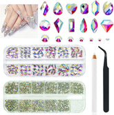 2630 buc pietre strălucitoare cristal AB pentru unghii, 120 pietre strălucitoare mari de 12 tipuri + 2510 pietre rotunde din sticlă K9 de 6 dimensiuni pentru unghii, strasuri, design de unghii, brelocuri pentru unghii pentru arta feței