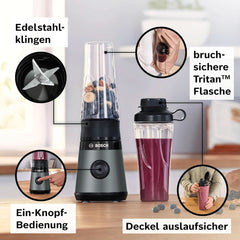 Bosch Mini Robot da Cucina Vitapower Serie 2 MMB2111S, Mixer ad alta velocità, Bis Zu 40.000 Giri/min, Tritan Togo-Flasche 0,6 L, Trinkdeckel, Bruchsicher, Spülmasch.Geeignete Teile, 450W, Argento/Schwarz Kitchen Naty Shop