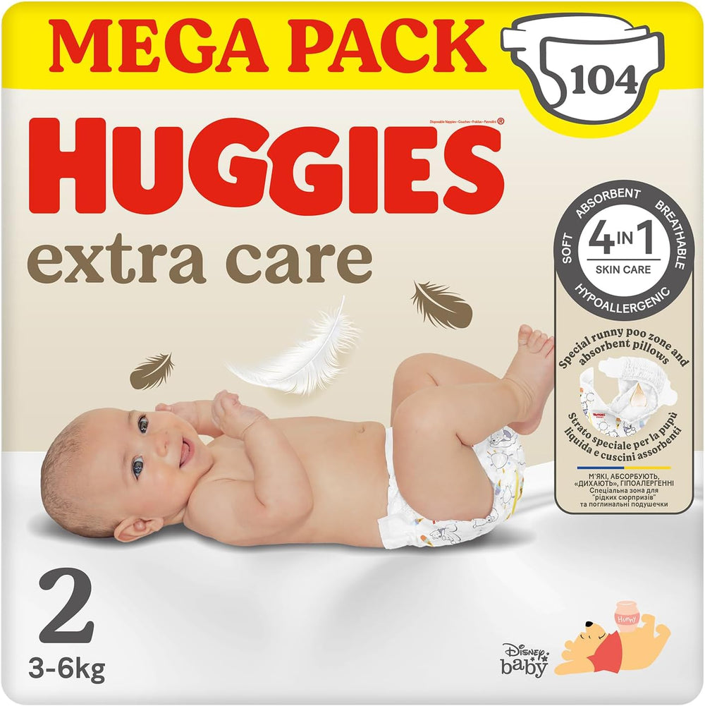 Pannolini per bambini Huggies Extra Care, taglia 2 (3-6 kg), super assorbenti, design Disney, confezione mega, 104 pezzi
