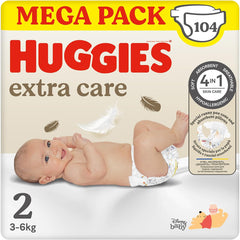 Pannolini per bambini Huggies Extra Care, taglia 2 (3-6 kg), super assorbenti, design Disney, confezione mega, 104 pezzi