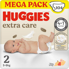 Huggies Extra Care Bebè, scutece marimea 2 (3-6 kg), foarte absorbante, design Disney, mega pachet, 104 bucati Mama si Copilul Naty Shop