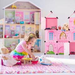 Relaxdays Scaffale per Cameretta per Bambini, Castello della Principessa, Plastica, Armadietto Fai da Te con Ante, HBT: 128 X 110 X 37 Cm, Rosa Naty Shop Dollhouses