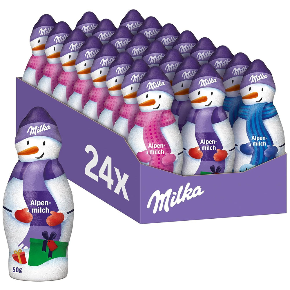 Milka Snowman Alpine Milk - Confezione grande di pupazzi di neve di cioccolato in 3 modelli - 24 x 50 g