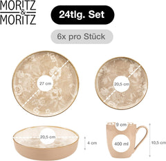 Set de veselă din gresie Moritz & Moritz MARIELLA pentru 6 persoane, 24 de piese - Veselă modernă bej cu un design jucăuș, serviciu de cafea ușor de întreținut cu farfurii, boluri și cești - Set combinat